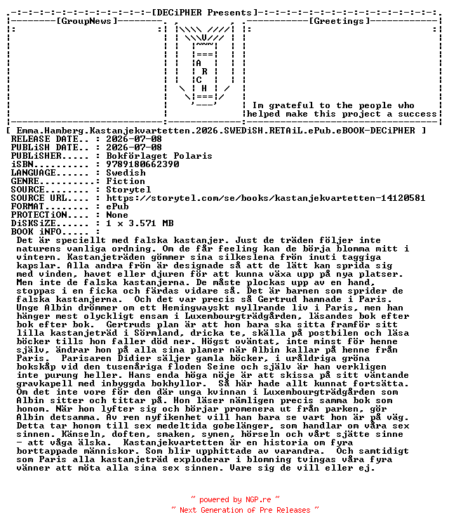 NFO for the release Emma.Hamberg.Kastanjekvartetten.2026.SWEDiSH.RETAiL.ePub.eBOOK-DECiPHER by DECiPHER