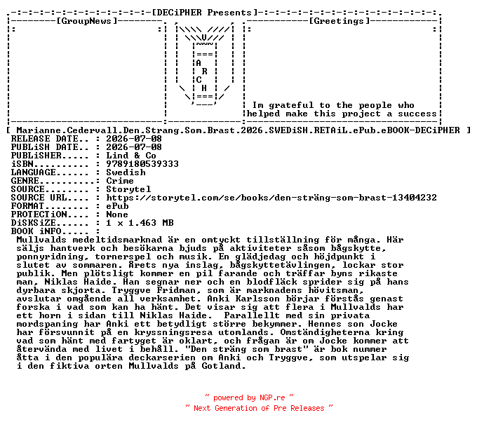 NFO for the release Marianne.Cedervall.Den.Strang.Som.Brast.2026.SWEDiSH.RETAiL.ePub.eBOOK-DECiPHER by DECiPHER