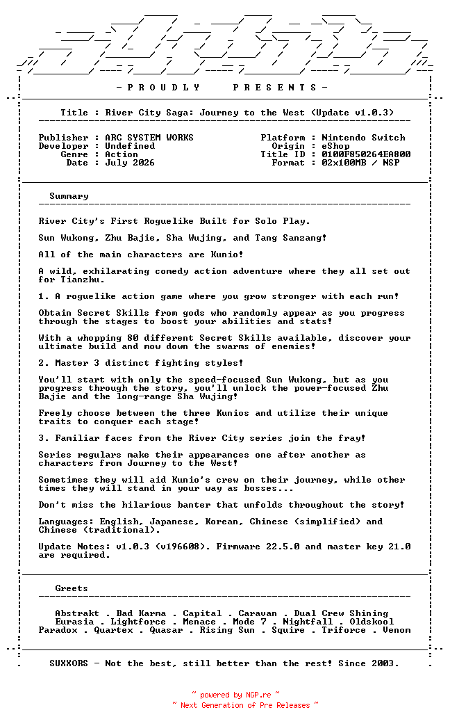 NFO for the release River_City_Saga_Journey_to_the_West_Update_v1.0.3_NSW-SUXXORS by SUXXORS