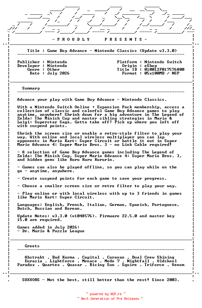 NFO for the release Game_Boy_Advance_Nintendo_Switch_Online_Update_v3.3.0_INTERNAL_NSW-SUXXORS by SUXXORS