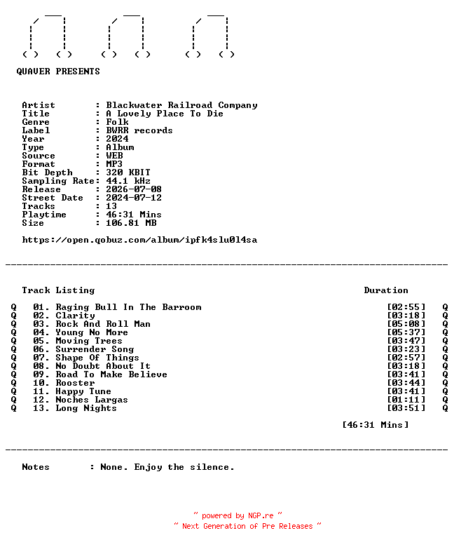 NFO for the release Blackwater_Railroad_Company-A_Lovely_Place_To_Die-WEB-2024-QUAVER by QUAVER