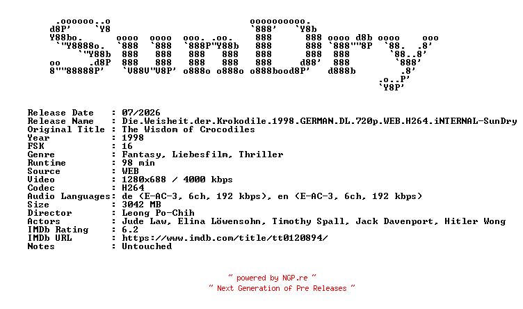 NFO for the release Die.Weisheit.der.Krokodile.1998.GERMAN.DL.720p.WEB.H264.iNTERNAL-SunDry by SunDry