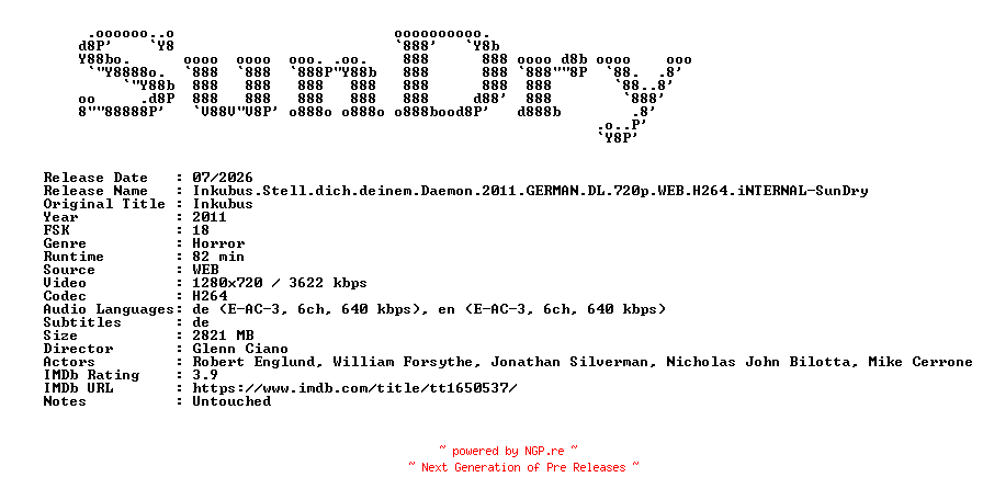 NFO for the release Inkubus.Stell.dich.deinem.Daemon.2011.GERMAN.DL.720p.WEB.H264.iNTERNAL-SunDry by SunDry
