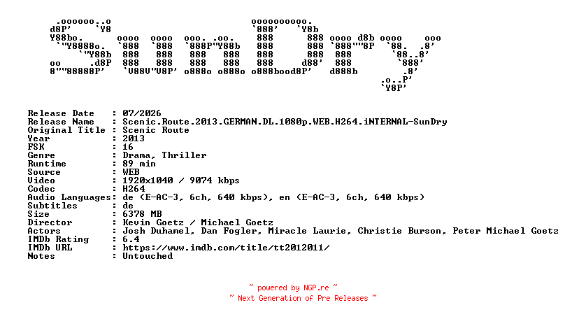 NFO for the release Scenic.Route.2013.GERMAN.DL.1080p.WEB.H264.iNTERNAL-SunDry by SunDry