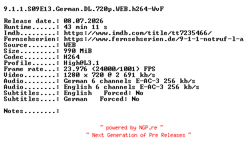 NFO for the release 9.1.1.S09E13.German.DL.720p.WEB.h264-WvF by WvF