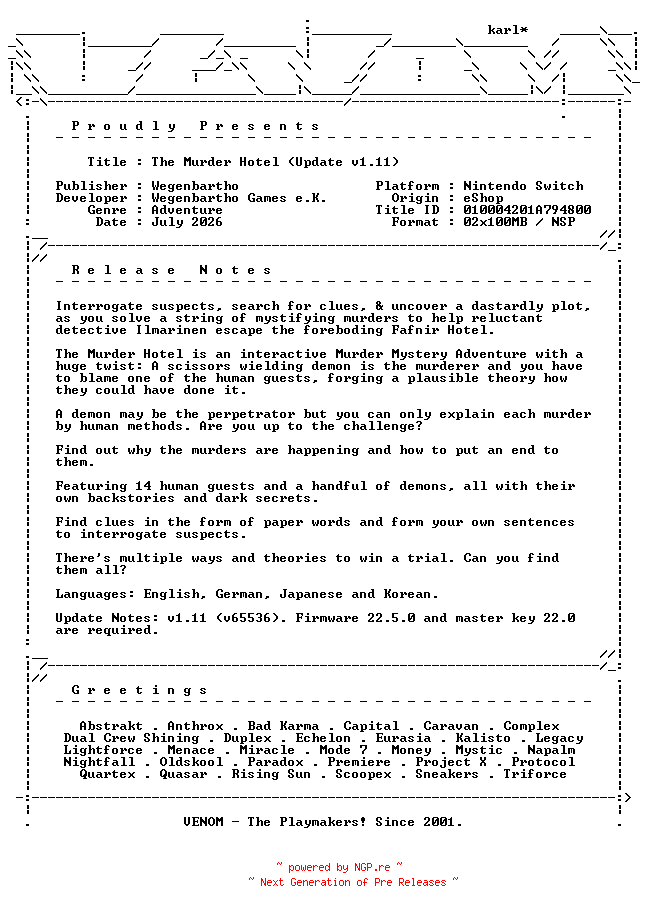 NFO for the release The_Murder_Hotel_Update_v1.11_NSW-VENOM by VENOM