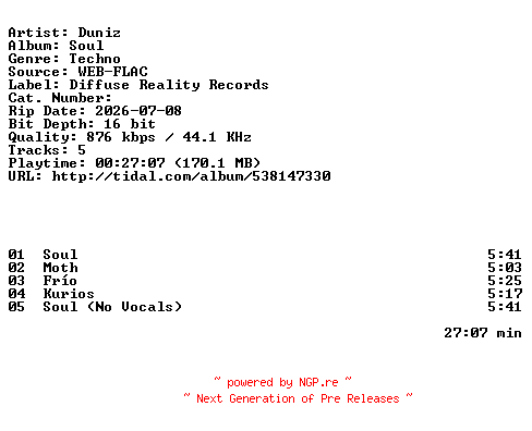 NFO for the release Duniz-Soul-16BIT-WEB-FLAC-2026-HFC by HFC