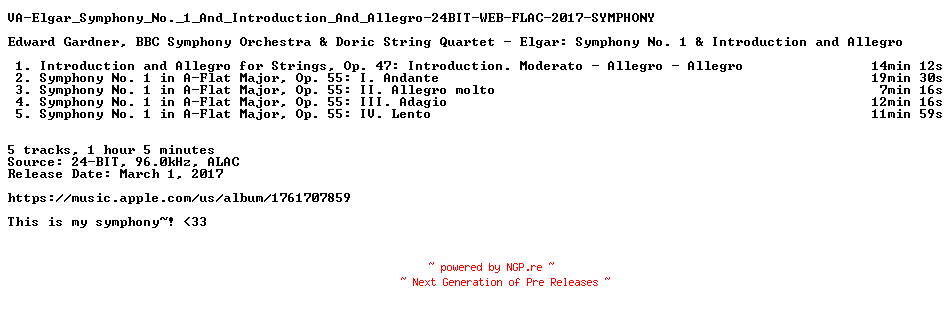 NFO for the release VA-Elgar_Symphony_No._1_And_Introduction_And_Allegro-24BIT-WEB-FLAC-2017-SYMPHONY by SYMPHONY