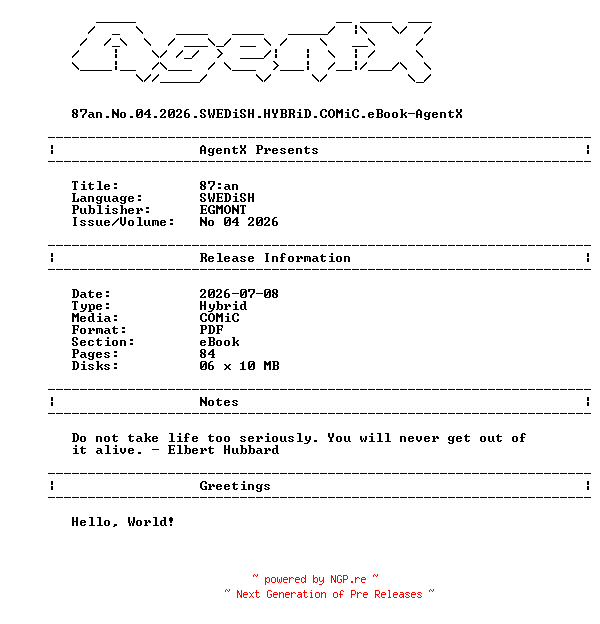 NFO for the release 87an.No.04.2026.SWEDiSH.HYBRiD.COMiC.eBook-AgentX by AgentX