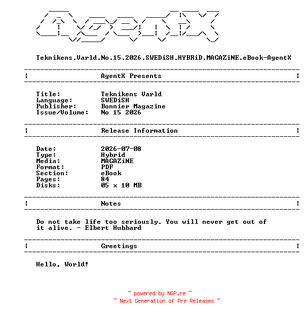 NFO for the release Teknikens.Varld.No.15.2026.SWEDiSH.HYBRiD.MAGAZiNE.eBook-AgentX by AgentX