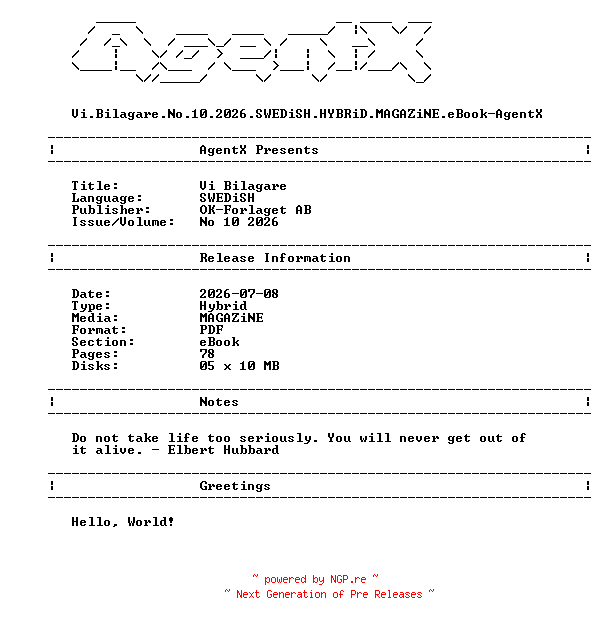 NFO for the release Vi.Bilagare.No.10.2026.SWEDiSH.HYBRiD.MAGAZiNE.eBook-AgentX by AgentX