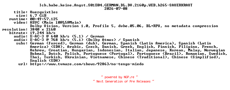 NFO for the release Ich.habe.keine.Angst.S01E04.GERMAN.DL.DV.2160p.WEB.h265-SAUERKRAUT by SAUERKRAUT