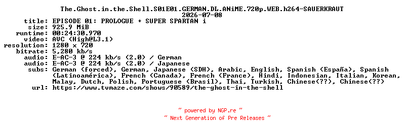 NFO for the release The.Ghost.in.the.Shell.S01E01.GERMAN.DL.ANiME.720p.WEB.h264-SAUERKRAUT by SAUERKRAUT