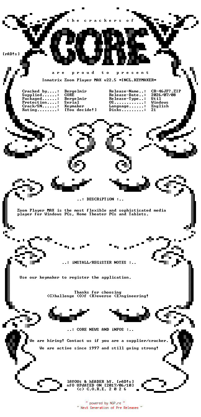 NFO for the release Inmatrix.Zoom.Player.MAX.v22.5.Incl.Keymaker-CORE by CORE
