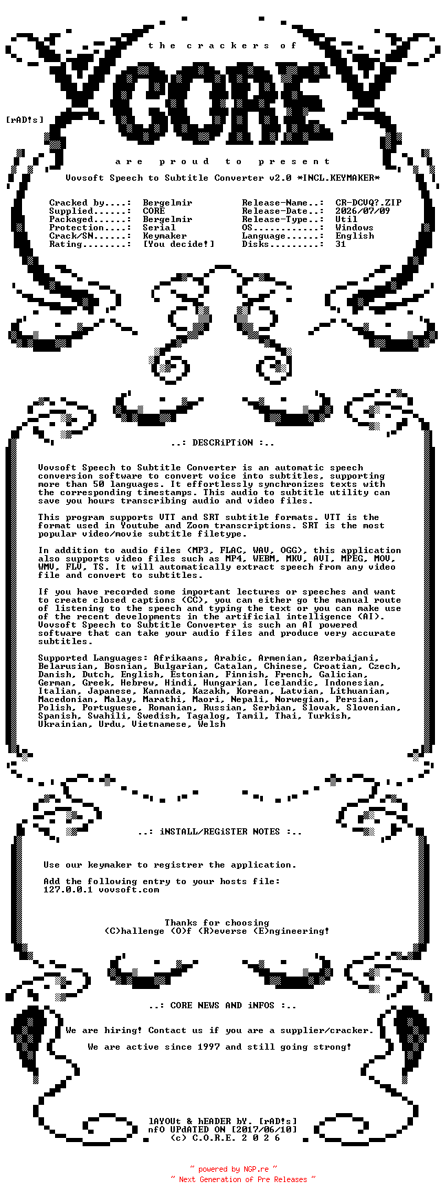 NFO for the release Vovsoft.Speech.to.Subtitle.Converter.v2.0.Incl.Keymaker-CORE by CORE