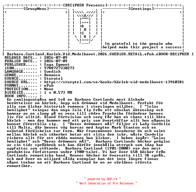 NFO for the release Barbara.Cartland.Karlek.Vid.Medelhavet.2026.SWEDiSH.RETAiL.ePub.eBOOK-DECiPHER by DECiPHER