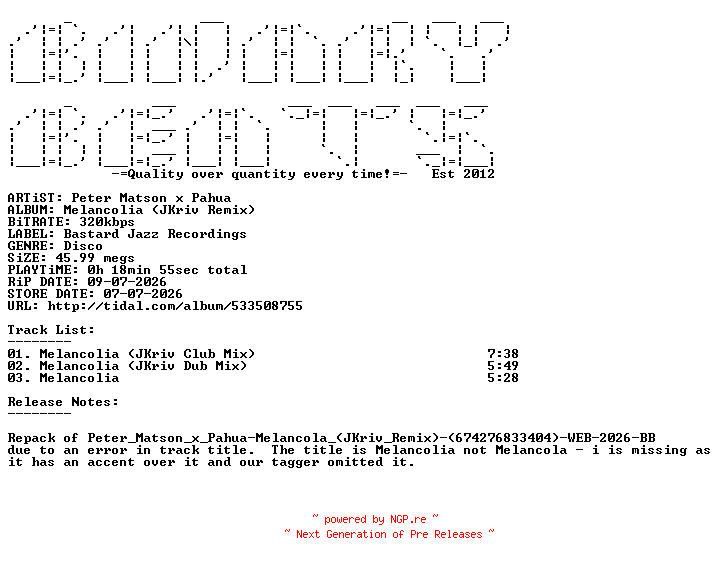 NFO for the release Peter_Matson_x_Pahua-Melancolia_(JKriv_Remix)-(674276833404)-REPACK-WEB-2026-BB by BB