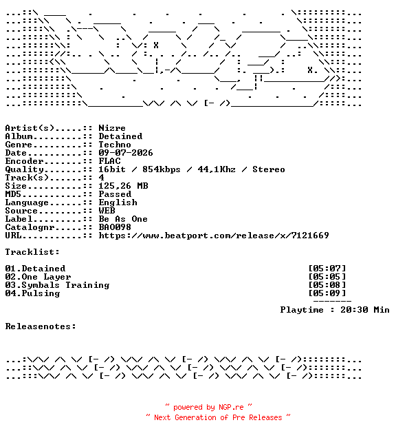 NFO for the release Nizre-Detained-BAO098-16BIT-WEB-FLAC-2026-WAVED by WAVED