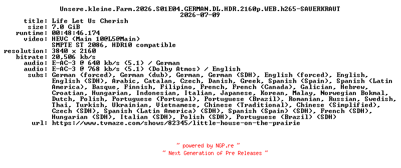 NFO for the release Unsere.kleine.Farm.2026.S01E04.GERMAN.DL.HDR.2160p.WEB.h265-SAUERKRAUT by SAUERKRAUT
