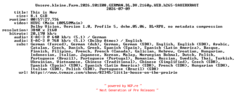 NFO for the release Unsere.kleine.Farm.2026.S01E08.GERMAN.DL.DV.2160p.WEB.h265-SAUERKRAUT by SAUERKRAUT