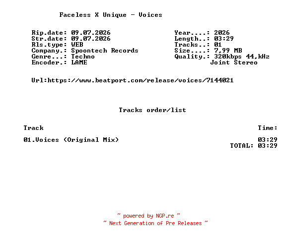 NFO for the release Faceless_X_Unique_-_Voices-(SPOON448)-SINGLE-WEB-2026-FMC by FMC
