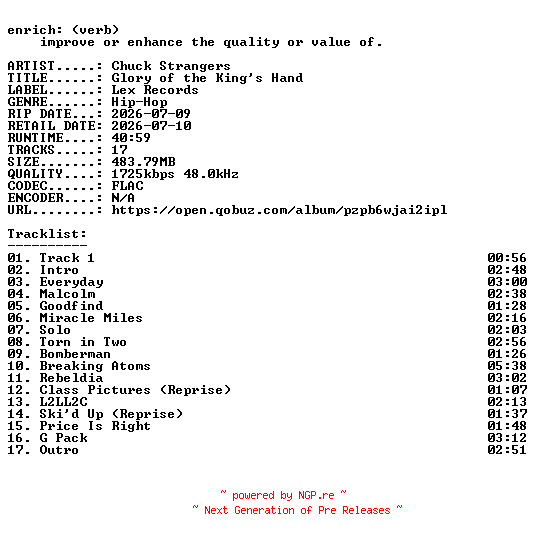 NFO for the release Chuck_Strangers-Glory_of_the_Kings_Hand-24BIT-WEB-FLAC-2026-ENRiCH by ENRiCH