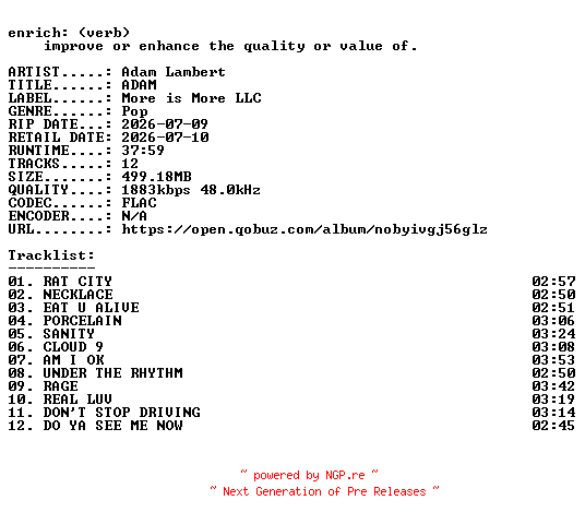NFO for the release Adam_Lambert-ADAM-24BIT-WEB-FLAC-2026-ENRiCH by ENRiCH