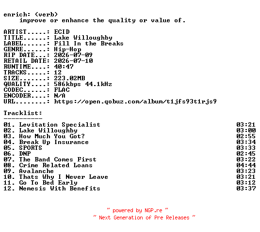 NFO for the release ECID-Lake_Willoughby-16BIT-WEB-FLAC-2026-ENRiCH by ENRiCH
