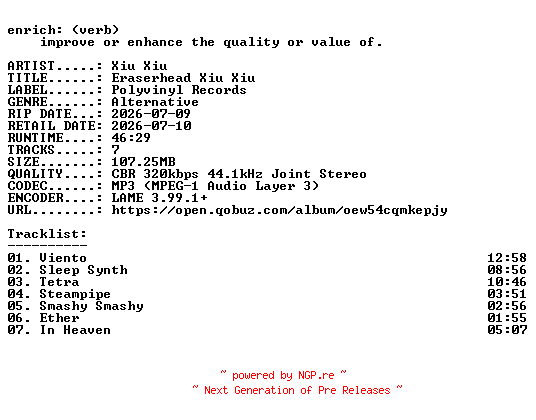 NFO for the release Xiu_Xiu-Eraserhead_Xiu_Xiu-WEB-2026-ENRiCH by ENRiCH
