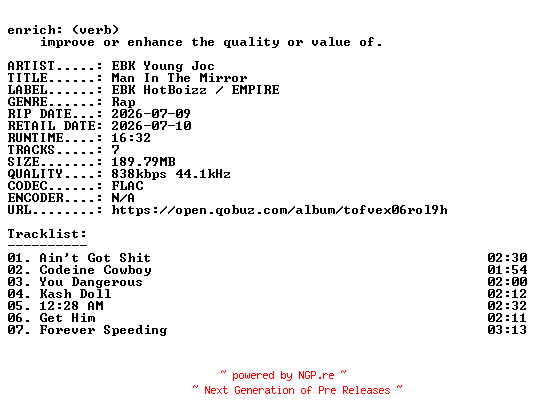 NFO for the release EBK_Young_Joc-Man_In_The_Mirror-EP-24BIT-WEB-FLAC-2026-ENRiCH by ENRiCH