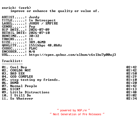 NFO for the release Jordy-In_Retrospect-24BIT-WEB-FLAC-2026-ENRiCH by ENRiCH