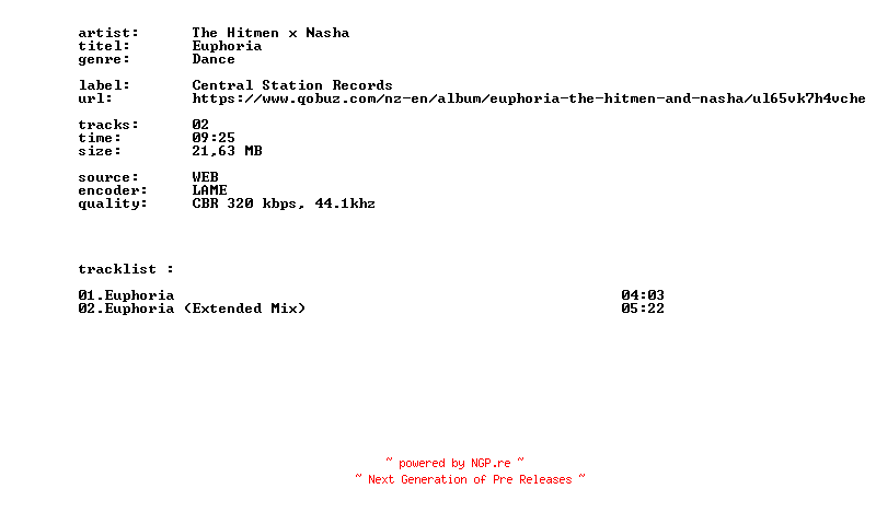 NFO for the release The_Hitmen_X_Nasha_-_Euphoria-WEB-2026-BITCOINS by BITCOINS