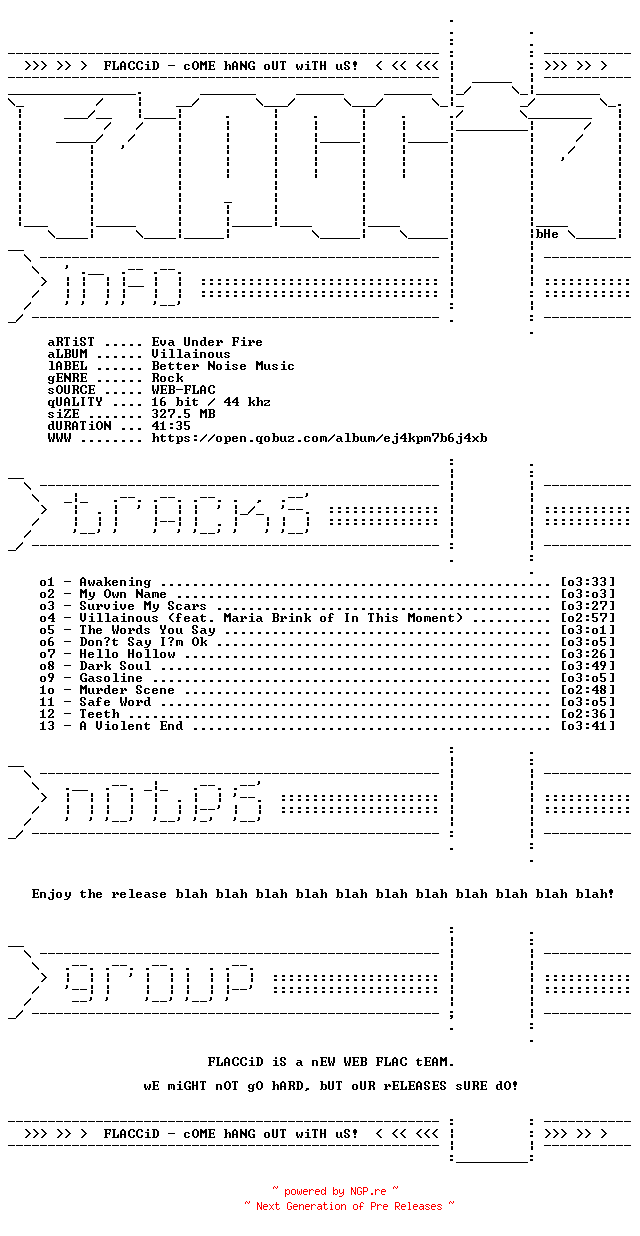 NFO for the release Eva_Under_Fire-Villainous-16BIT-WEB-FLAC-2026-FLACCiD by FLACCiD