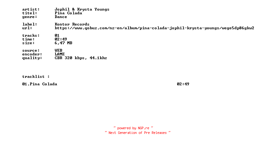 NFO for the release Jophil_And_Krysta_Youngs_-_Pina_Colada-SINGLE-WEB-2026-BITCOINS by BITCOINS