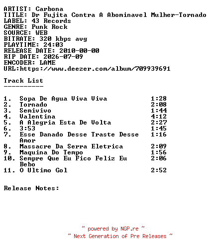 NFO for the release Carbona-Dr_Fujita_Contra_A_Abominavel_Mulher-Tornado-WEB-PT-2010-SDR by SDR