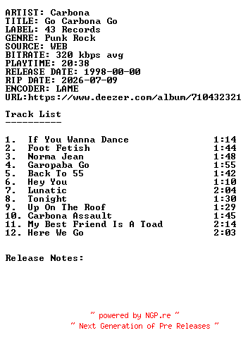 NFO for the release Carbona-Go_Carbona_Go-WEB-1998-SDR by SDR