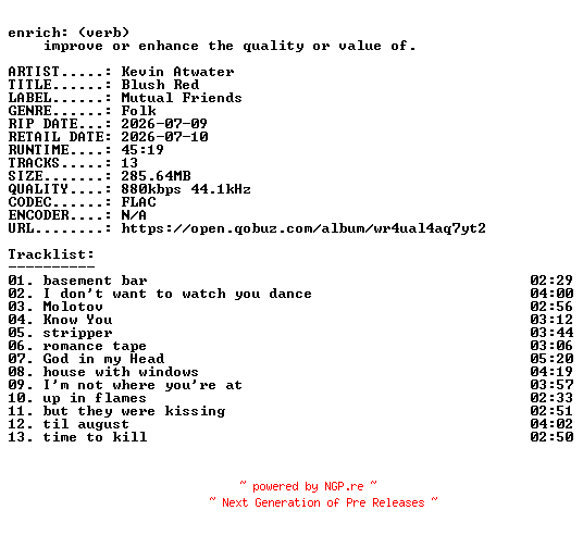 NFO for the release Kevin_Atwater-Blush_Red-16BIT-WEB-FLAC-2026-ENRiCH by ENRiCH