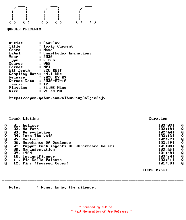 NFO for the release Snorlax-Toxic_Current-WEB-2026-QUAVER by QUAVER