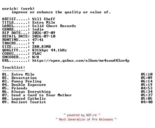 NFO for the release Will_Sheff-Extra_Mile-16BIT-WEB-FLAC-2026-ENRiCH by ENRiCH