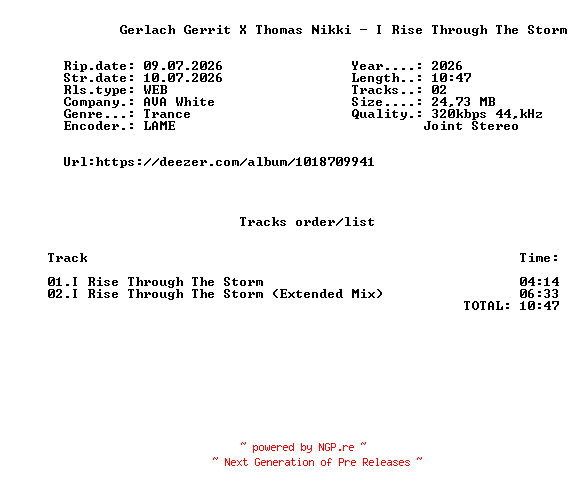 NFO for the release Gerlach_Gerrit_X_Thomas_Nikki_-_I_Rise_Through_The_Storm-(AVAW418)-WEB-2026-FMC by FMC
