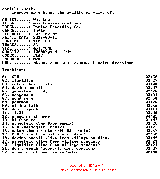 NFO for the release Wet_Leg-moisturizer_(deluxe)-16BIT-WEB-FLAC-2026-ENRiCH by ENRiCH