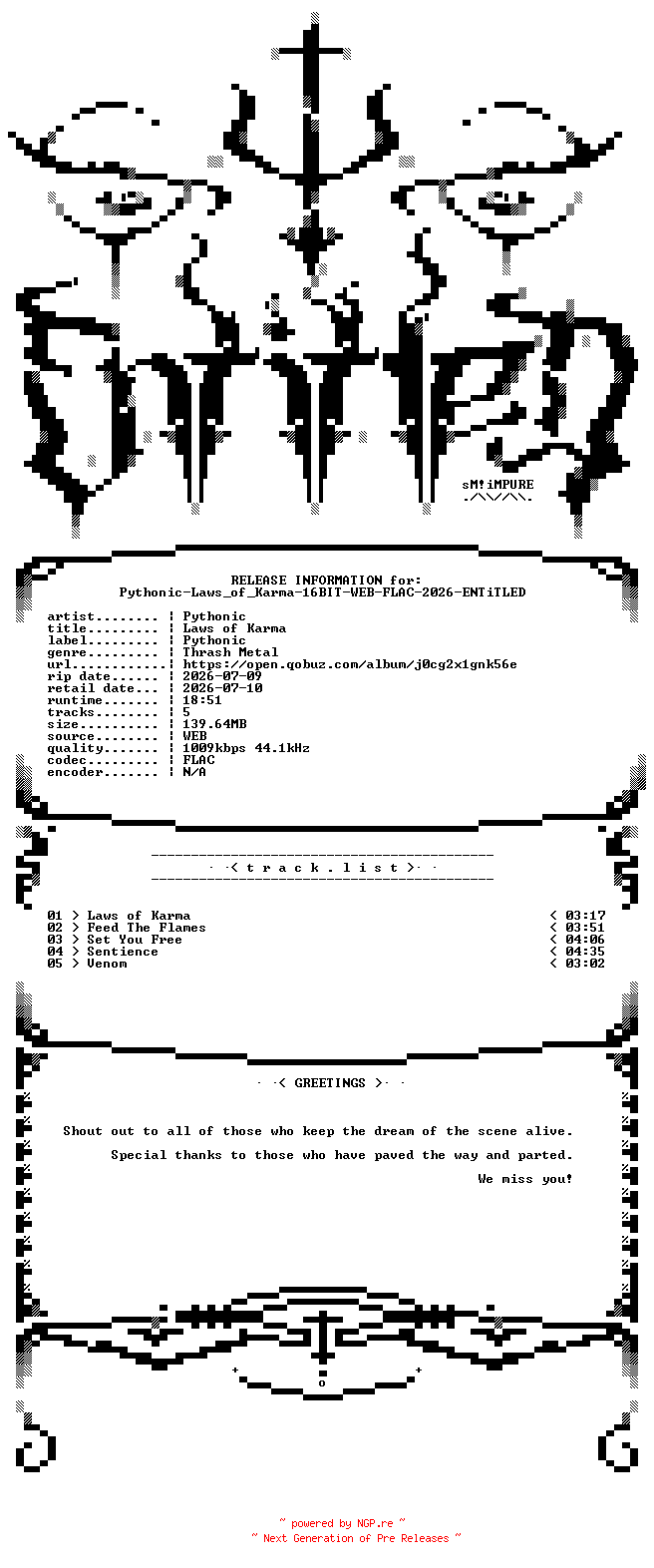 NFO for the release Pythonic-Laws_of_Karma-16BIT-WEB-FLAC-2026-ENTiTLED by ENTiTLED