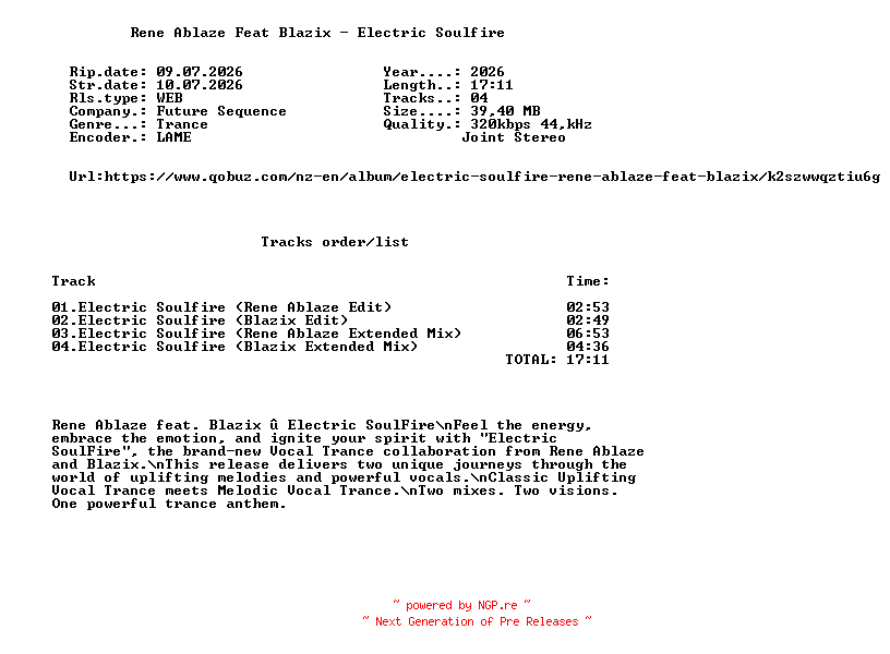NFO for the release Rene_Ablaze_Feat_Blazix_-_Electric_Soulfire-(FS316)-WEB-2026-FMC by FMC