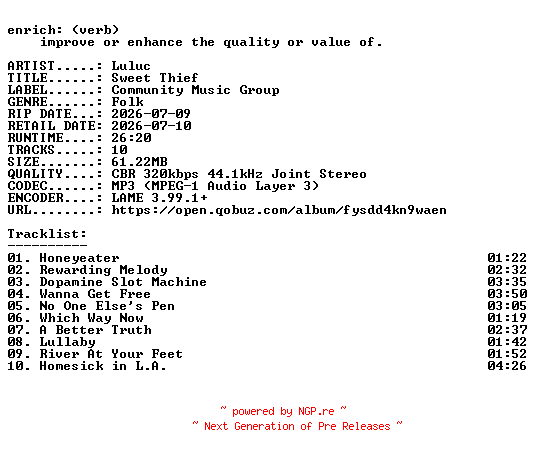 NFO for the release Luluc-Sweet_Thief-WEB-2026-ENRiCH by ENRiCH