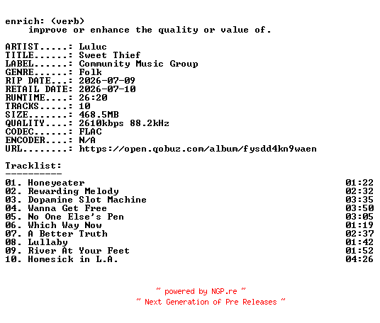 NFO for the release Luluc-Sweet_Thief-24BIT-WEB-FLAC-2026-ENRiCH by ENRiCH