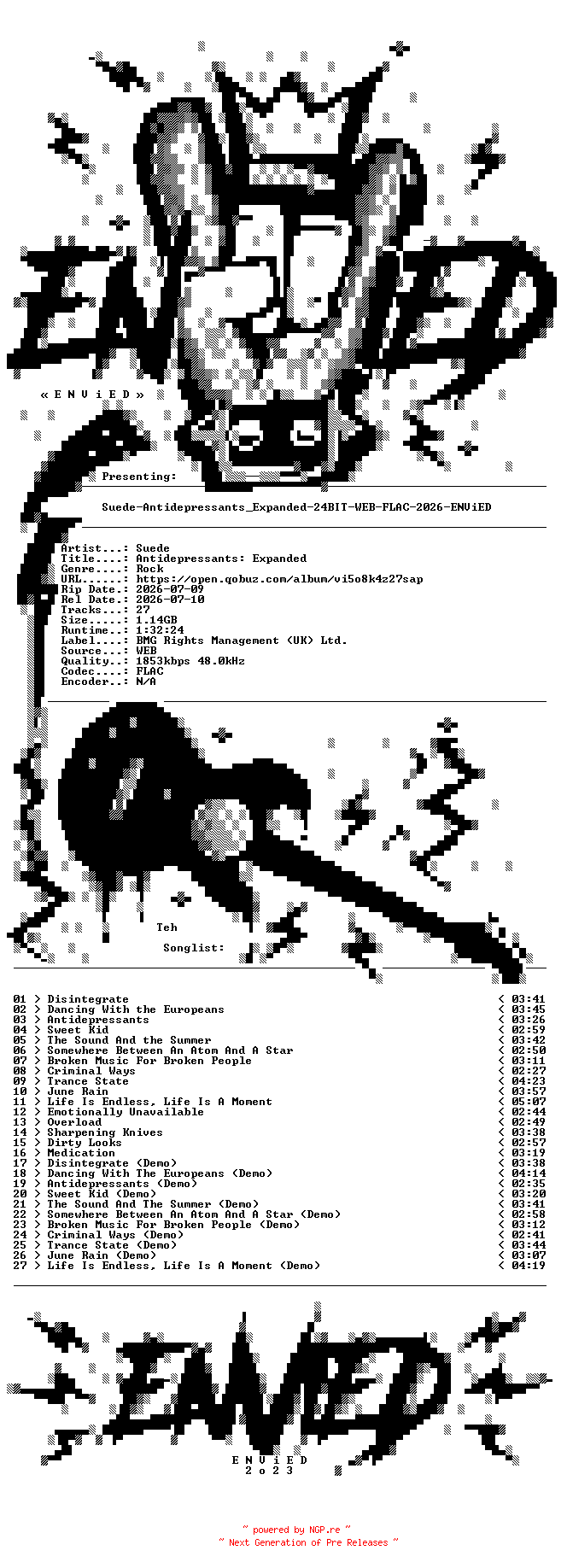 NFO for the release Suede-Antidepressants_Expanded-24BIT-WEB-FLAC-2026-ENViED by ENViED
