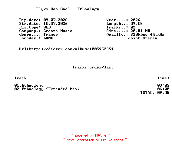 NFO for the release Elyxx_Von_Cael_-_Ethnology-(CR8106)-WEB-2026-FMC by FMC