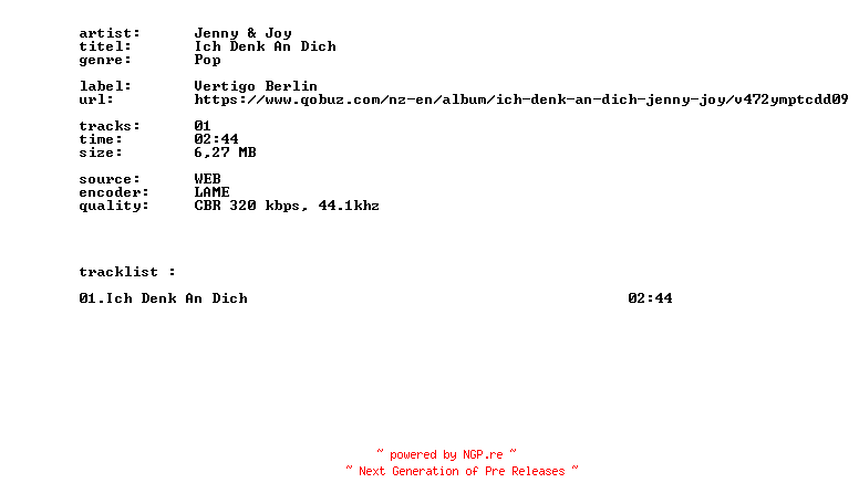 NFO for the release Jenny_And_Joy_-_Ich_Denk_An_Dich-SINGLE-WEB-DE-2026-BITCOINS by BITCOINS