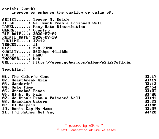 NFO for the release Trever_M._Keith-We_Drank_From_a_Poisoned_Well-16BIT-WEB-FLAC-2026-ENRiCH by ENRiCH
