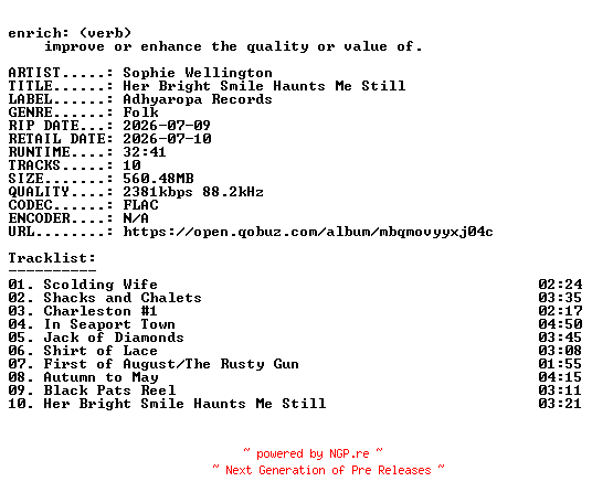 NFO for the release Sophie_Wellington-Her_Bright_Smile_Haunts_Me_Still-24BIT-WEB-FLAC-2026-ENRiCH by ENRiCH